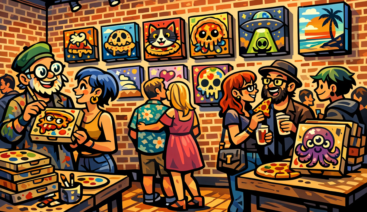 A weird pizza-box art show is opening downtown, and yes, that is the hook cover image